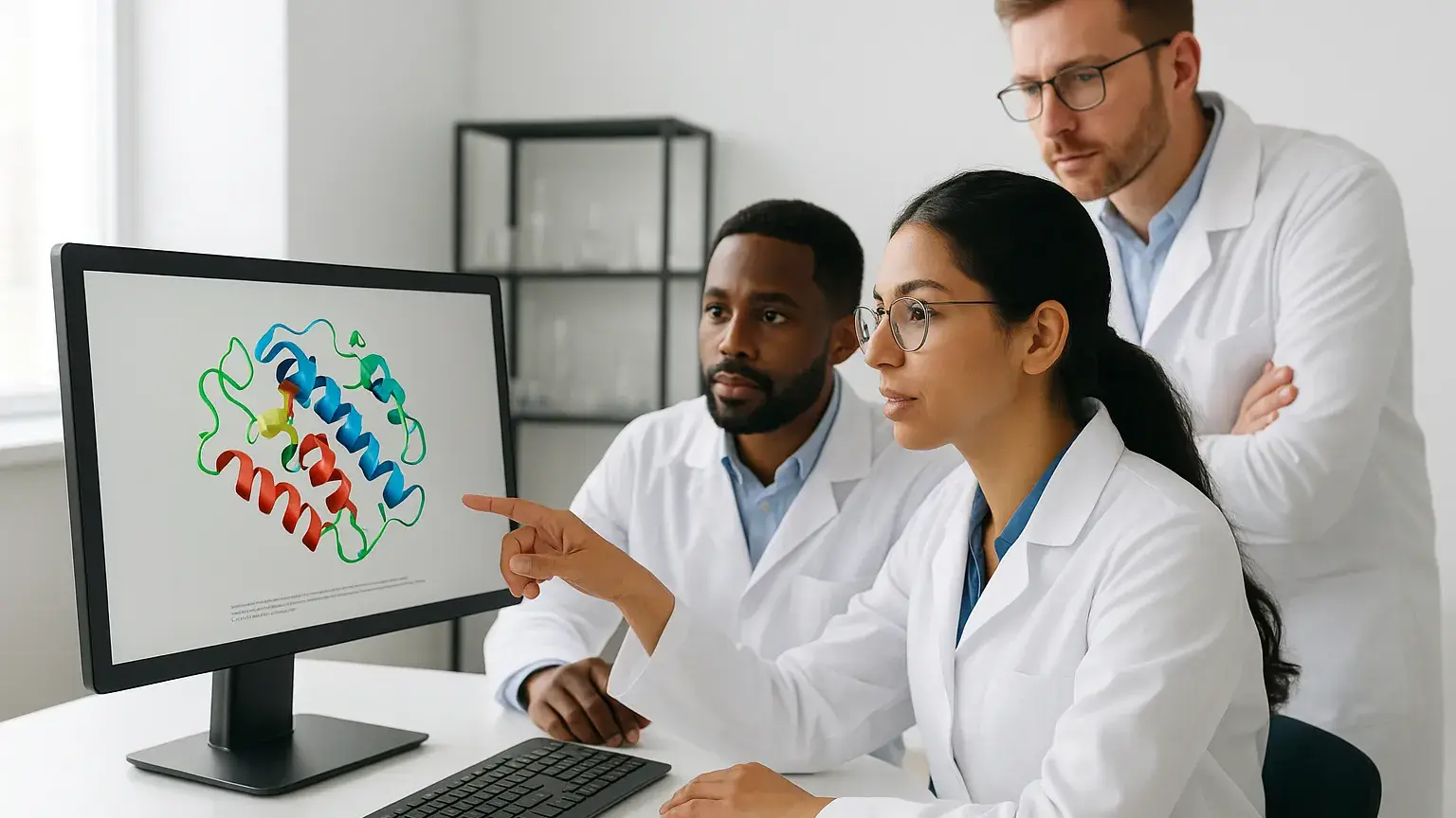 Three scientists in lab coats studying a molecular diagram on a computer in a laboratory setting.