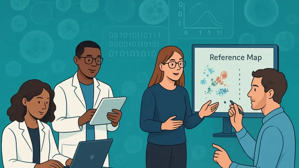 Illustration of four scientists interacting with a digital reference map. Two of them are using a laptop and a tablet, while the other two are engaged in discussion with the map on the screen.