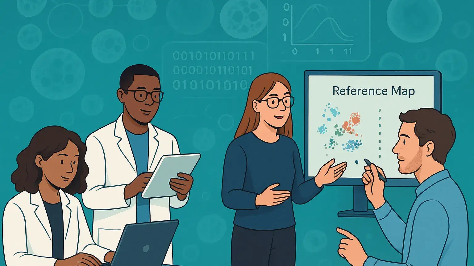 Illustration of four scientists interacting with a digital reference map. Two of them are using a laptop and a tablet, while the other two are engaged in discussion with the map on the screen.