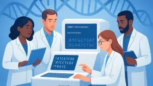 Illustration of four scientists in lab coats working together in front of a computer displaying genetic sequences and the word 'nucleformer' with a DNA strand in the background.