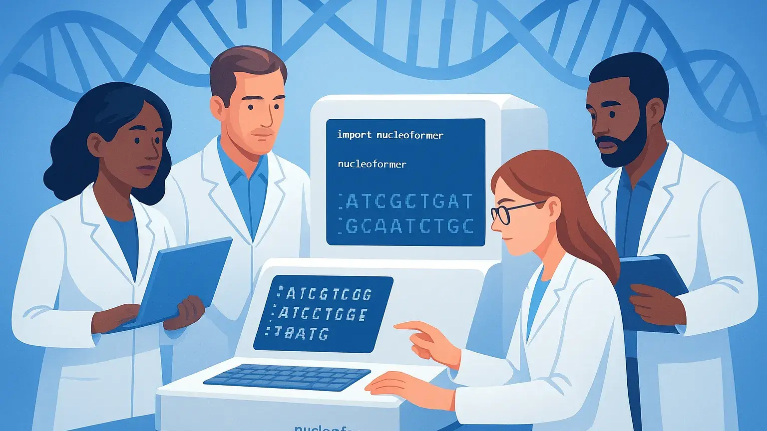 Illustration of four scientists in lab coats working together in front of a computer displaying genetic sequences and the word 'nucleformer' with a DNA strand in the background.
