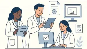Illustration of three medical professionals in lab coats working with digital devices and documents. One is using a clipboard, another is using a tablet, and the third is working at a computer.