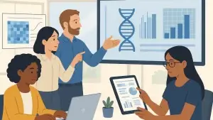 Illustration of four people in a meeting room, discussing charts and a DNA helix displayed on a screen. One person is using a laptop, another is pointing at the screen, and a third is holding a tablet.
