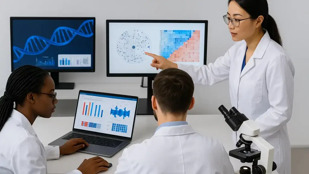 Three scientists in lab coats are studying data on computer screens, with one using a microscope and another pointing at a monitor displaying complex graphs.