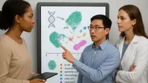 Three scientists examining a digital screen showing various cell types and a DNA symbol. One holds a tablet, another is pointing at the display, and the third is observing.