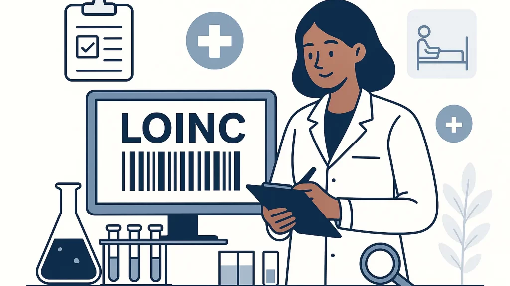 A cartoon healthcare professional stands with a clipboard in a lab setting. The computer screen displays 'LOINC' and a barcode, surrounded by medical icons like a test tube, magnifying glass, and health symbols.