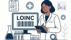 A cartoon healthcare professional stands with a clipboard in a lab setting. The computer screen displays 'LOINC' and a barcode, surrounded by medical icons like a test tube, magnifying glass, and health symbols.