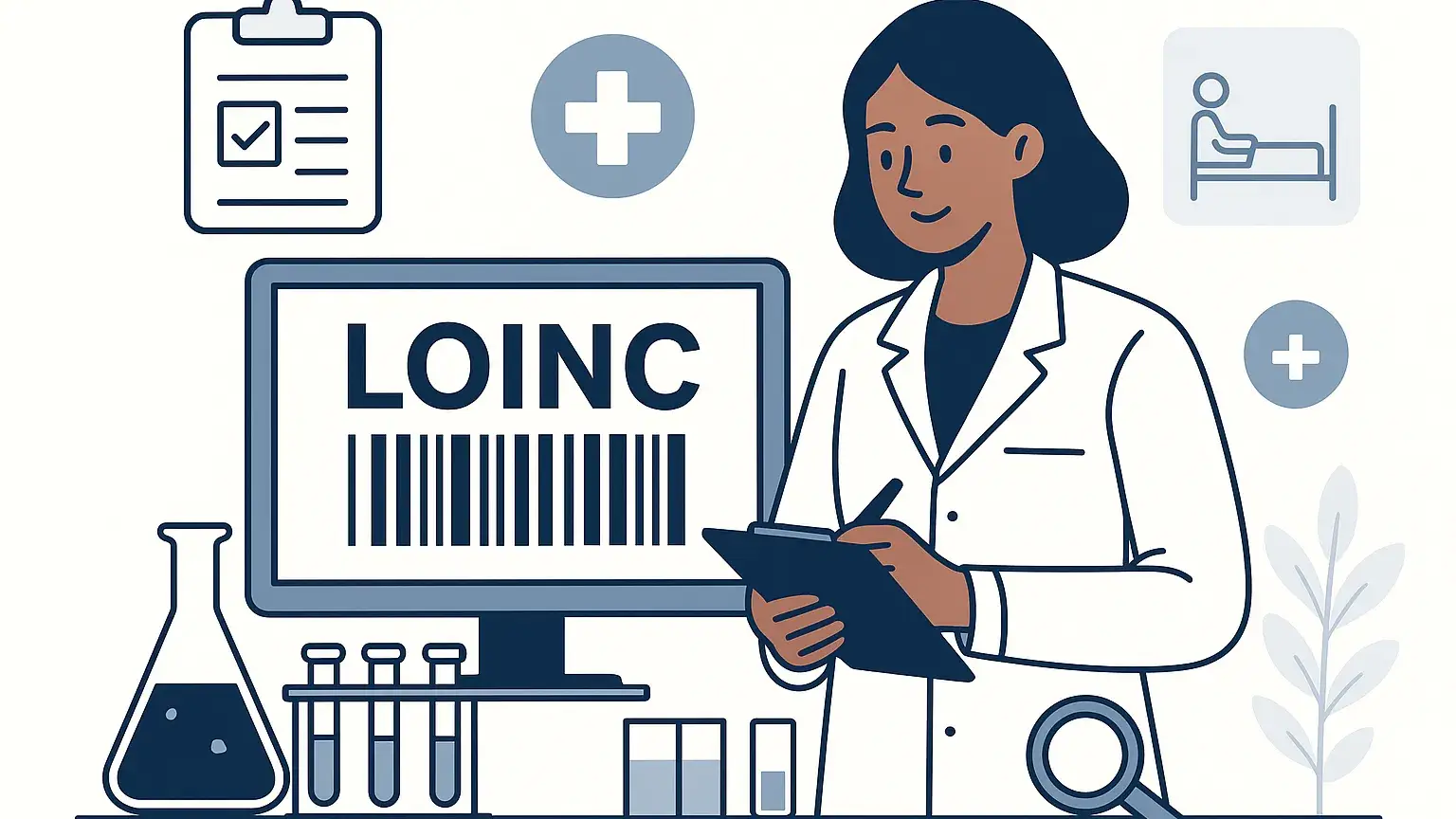 A cartoon healthcare professional stands with a clipboard in a lab setting. The computer screen displays 'LOINC' and a barcode, surrounded by medical icons like a test tube, magnifying glass, and health symbols.