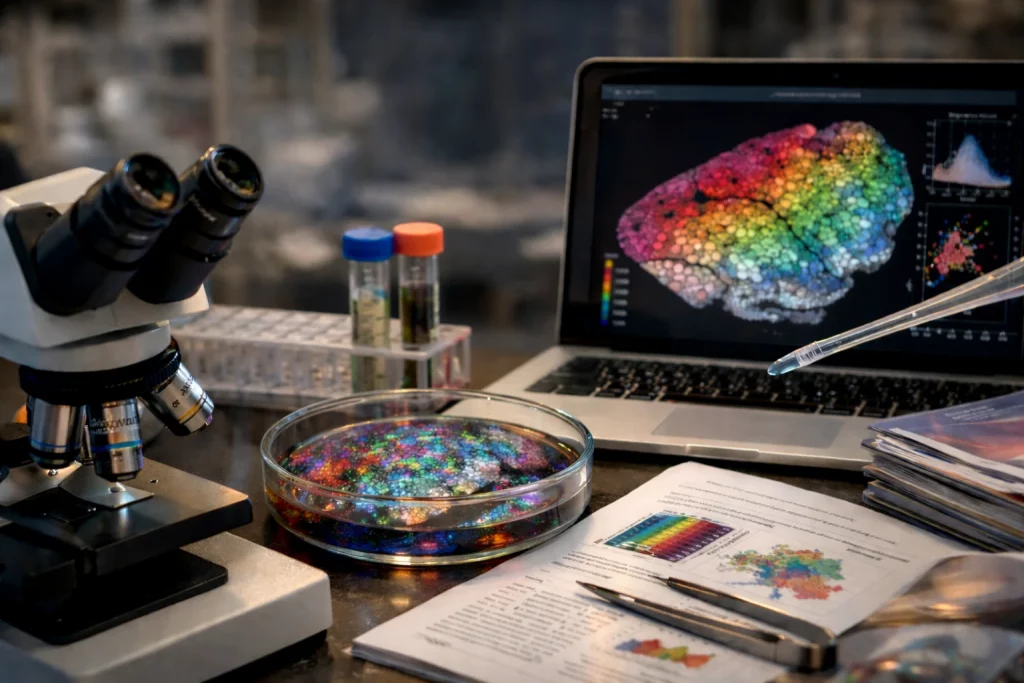 Spatial Omics Publications and Equipment on a Desk