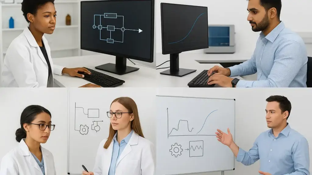 Four images showing scientists and professionals in a lab setting. Top left: A woman analyzing a flowchart on a screen. Top right: A man reviewing a graph on a monitor. Bottom left: Two women discussing diagrams on a whiteboard. Bottom right: A man presenting data and diagrams on a whiteboard.