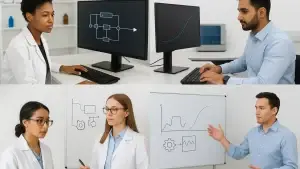 Four images showing scientists and professionals in a lab setting. Top left: A woman analyzing a flowchart on a screen. Top right: A man reviewing a graph on a monitor. Bottom left: Two women discussing diagrams on a whiteboard. Bottom right: A man presenting data and diagrams on a whiteboard.