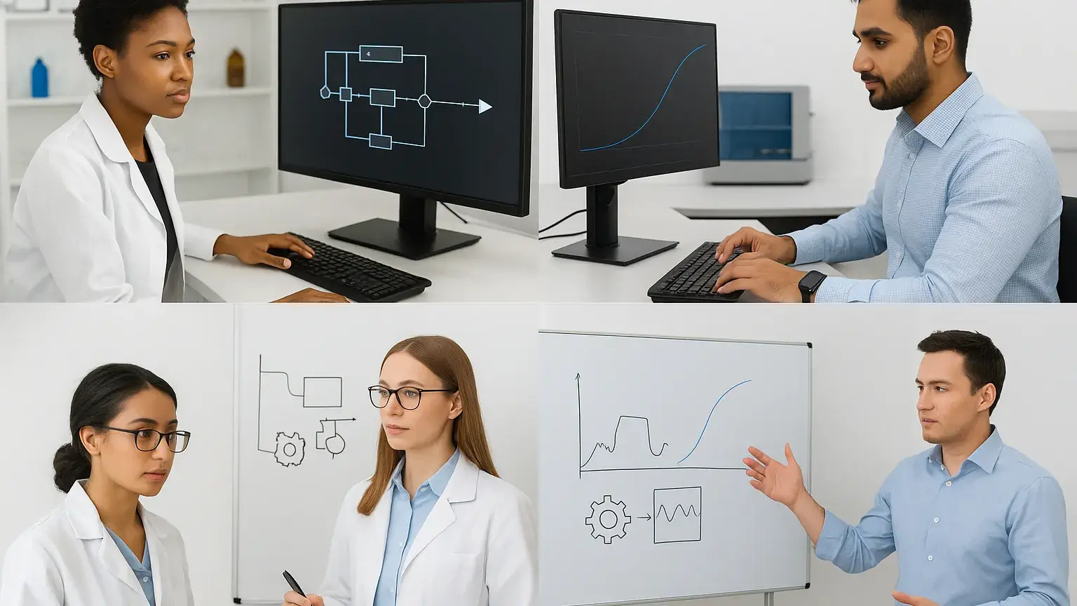 Four images showing scientists and professionals in a lab setting. Top left: A woman analyzing a flowchart on a screen. Top right: A man reviewing a graph on a monitor. Bottom left: Two women discussing diagrams on a whiteboard. Bottom right: A man presenting data and diagrams on a whiteboard.