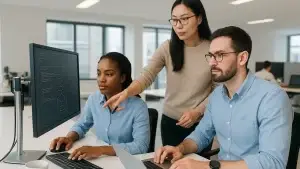 Three people working together at a desk with computers, engaged in a software development task in an office setting.