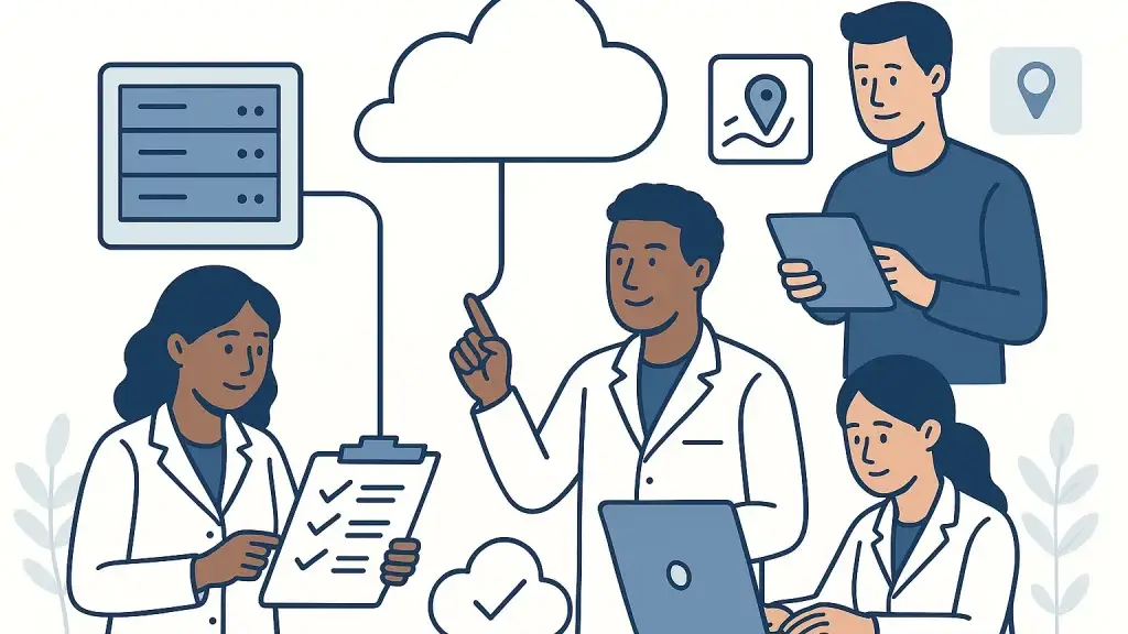Illustration of a diverse group of people working together on a cloud computing project. Two individuals are using laptops, one is holding a clipboard, and another is using a tablet, all connected by cloud and server icons.