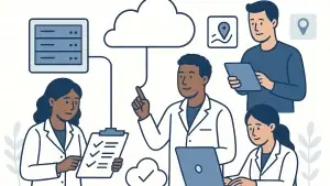 Illustration of a diverse group of people working together on a cloud computing project. Two individuals are using laptops, one is holding a clipboard, and another is using a tablet, all connected by cloud and server icons.