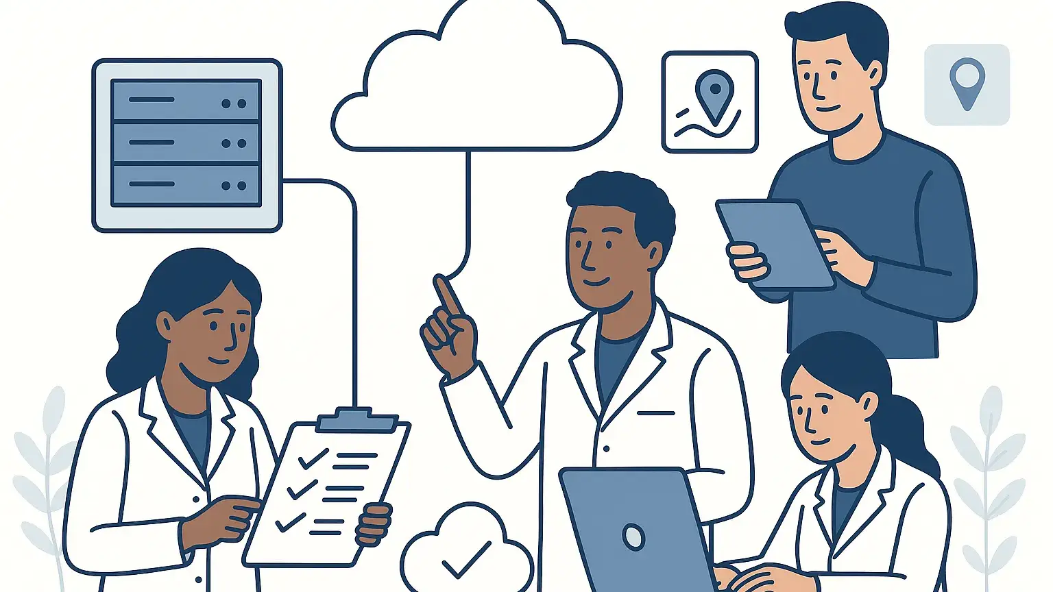 Illustration of a diverse group of people working together on a cloud computing project. Two individuals are using laptops, one is holding a clipboard, and another is using a tablet, all connected by cloud and server icons.
