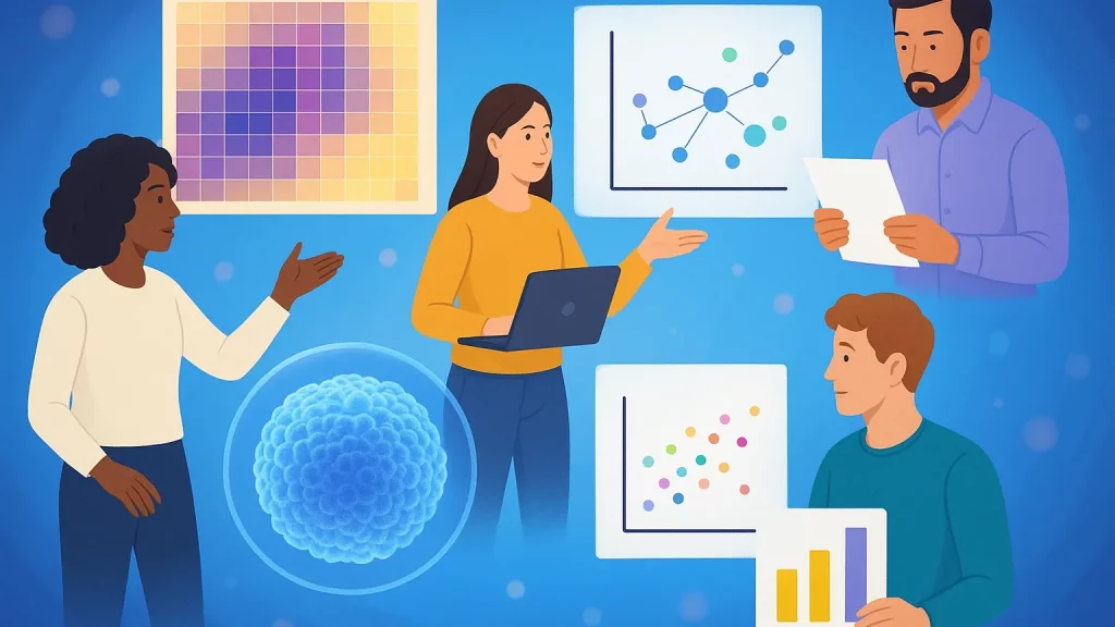 Illustration of four people discussing charts and a cellular structure, with one holding a laptop and others holding data sheets, against a blue background.