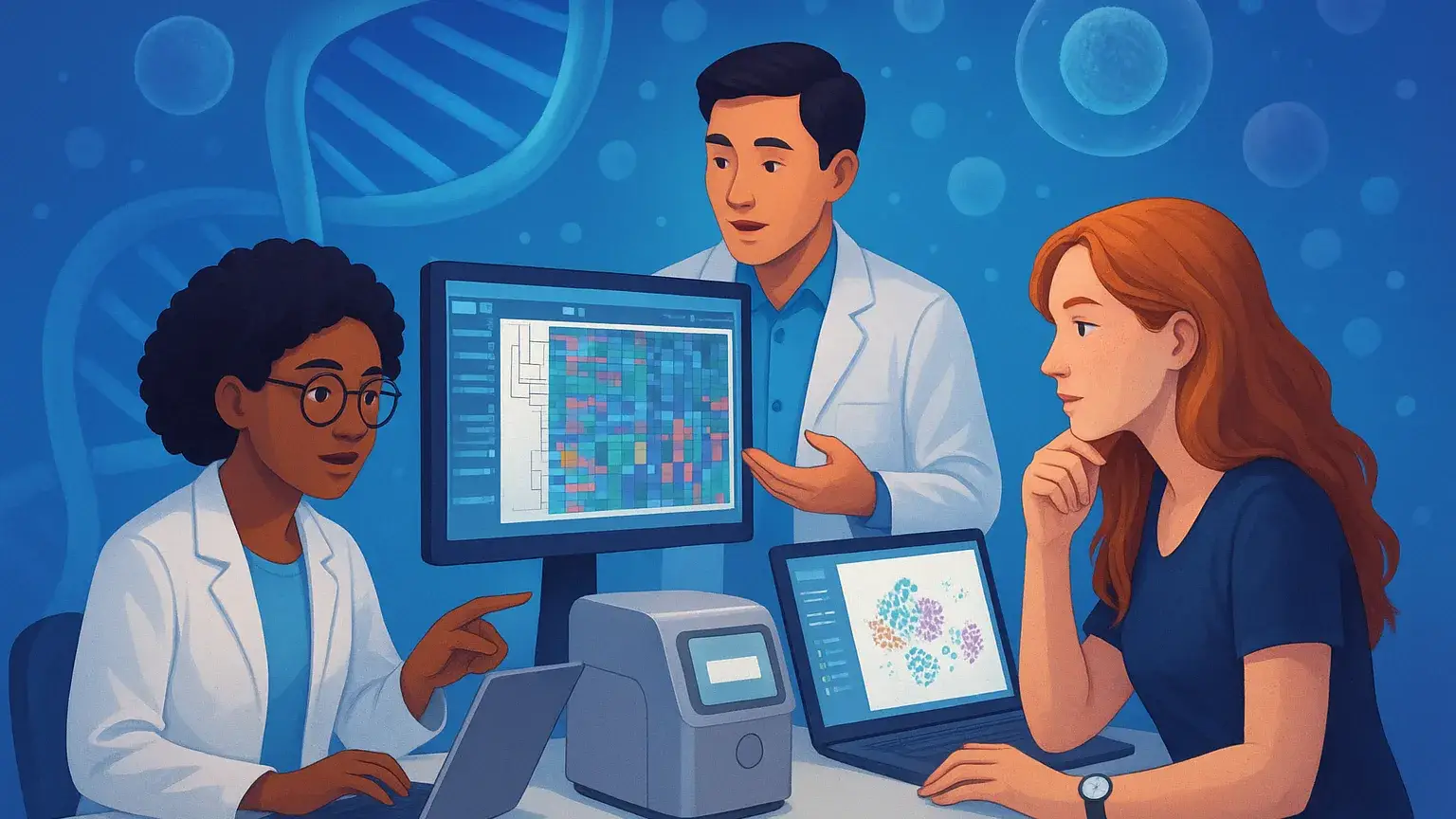 Illustration of three scientists in a laboratory, examining colorful genetic data displayed on computer screens. One scientist is using a laptop, another is explaining data on a monitor, and a third is observing while seated with a laptop displaying graphics.