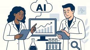 Illustration of two scientists in lab coats examining AI-generated data on a screen, with graphs, test tubes, and lab equipment around them.