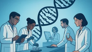 Illustration of scientists in lab coats using digital devices and lab equipment, with a large DNA strand in the background.