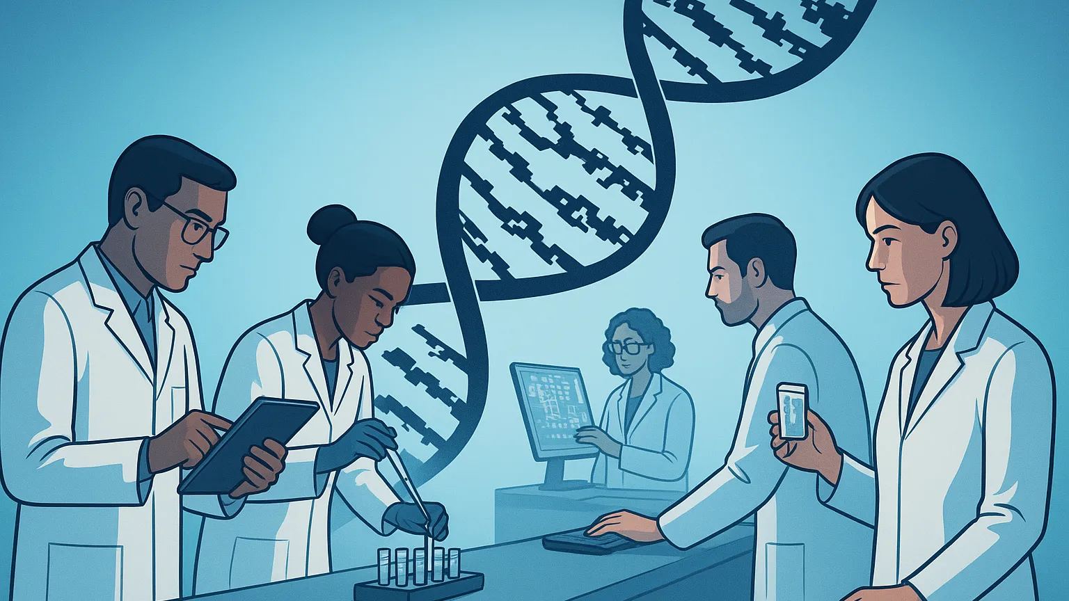Illustration of scientists in lab coats using digital devices and lab equipment, with a large DNA strand in the background.