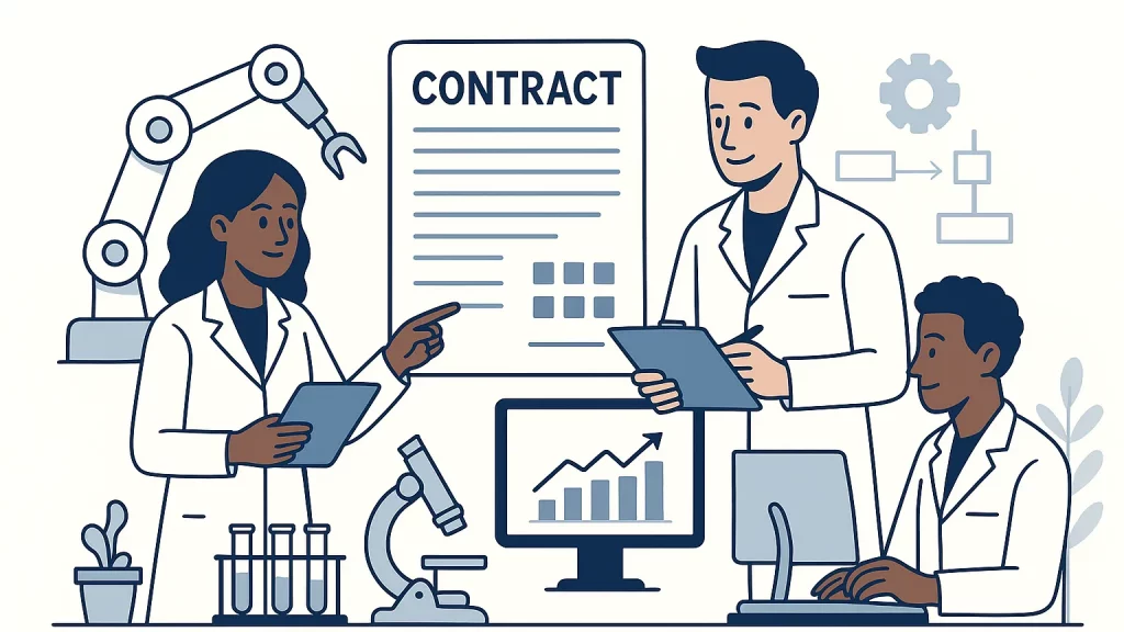 Illustration of three scientists in lab coats engaged in discussion about a contract, with lab equipment and a computer displaying a graph in the background.