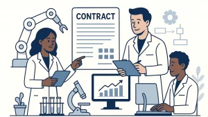 Illustration of three scientists in lab coats engaged in discussion about a contract, with lab equipment and a computer displaying a graph in the background.