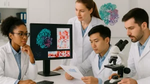 Four scientists in lab coats discuss data displayed on a computer screen, with microscopic images and charts, next to a microscope.