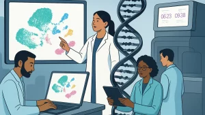 Illustration of scientists in a lab, analyzing data on screens and tablets, with DNA structure and equipment in the background.