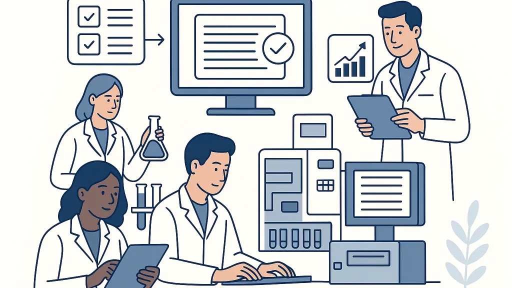 Illustration of four scientists in lab coats working with computers, tablets, and laboratory equipment.