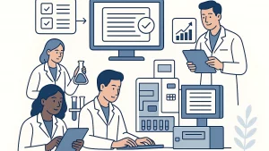 Illustration of four scientists in lab coats working with computers, tablets, and laboratory equipment.