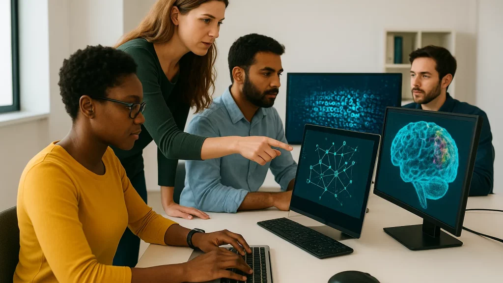 A group of four people in a meeting room, working on laptops and pointing at screens displaying neural network connections and a brain scan.