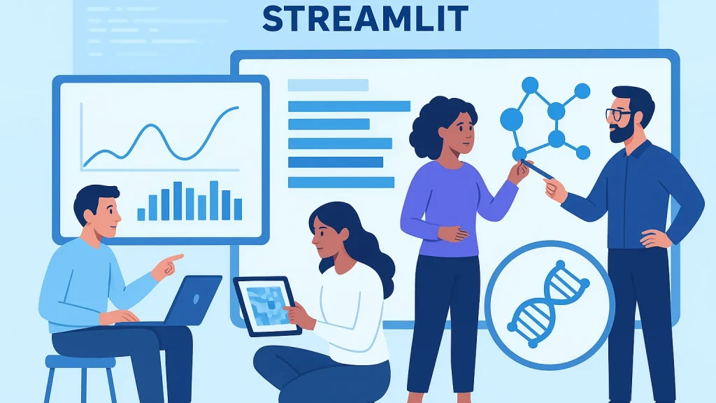 Illustration of four people engaging in data analysis and visualization using tablets and charts, under the text 'Streamlit'. One person is sitting with a laptop, another holding a tablet, while two others discuss molecular and genetic diagrams.