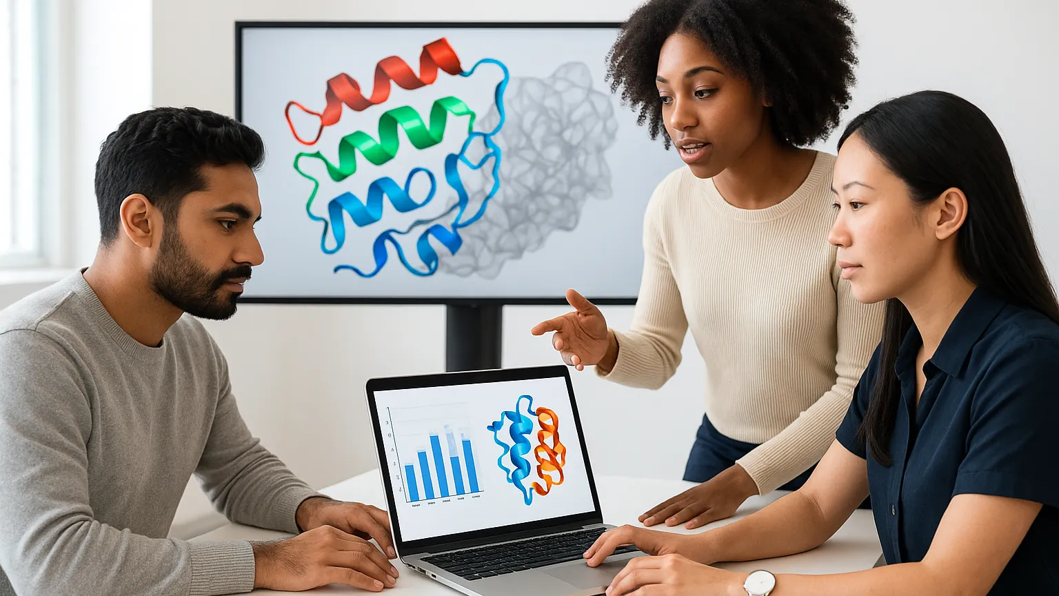 Three colleagues in a meeting room analyzing protein structures and bar charts on a laptop, with a protein model displayed on a screen behind them.