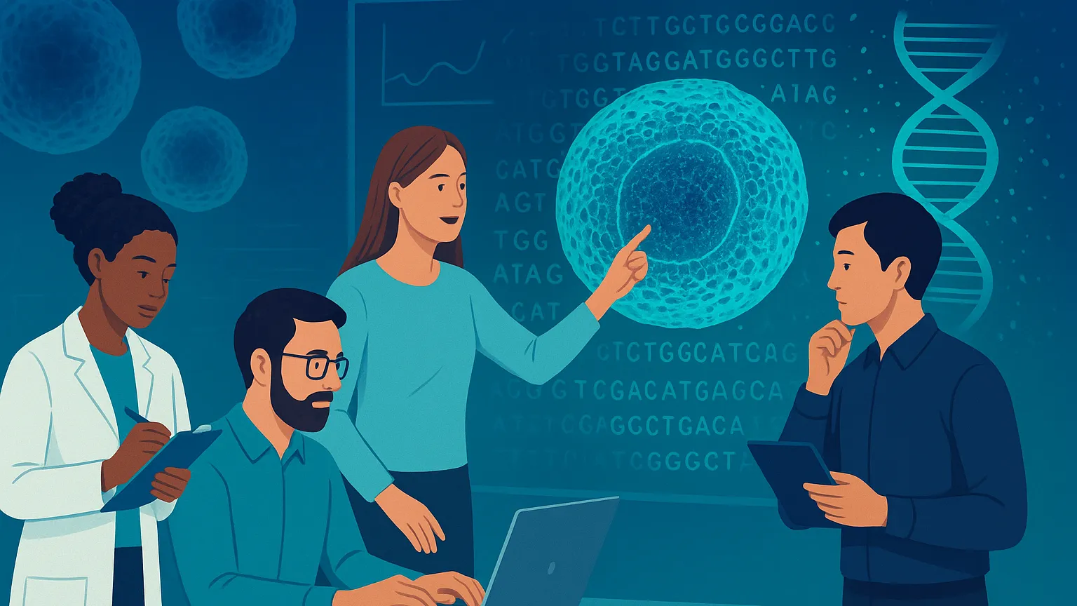 A group of four scientists working together in a lab, with one pointing at a large cell displayed on a digital screen. DNA and genetic codes are visible in the background.
