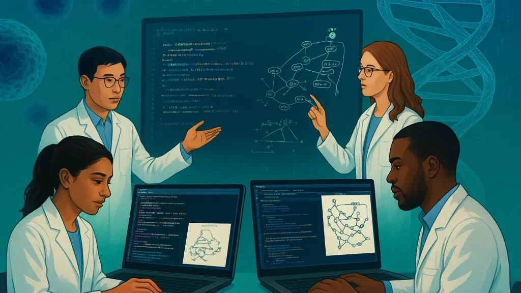 Four scientists in lab coats work together using laptops. A blackboard with scientific diagrams and equations is in the background.