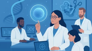 Illustration of scientists wearing lab coats, working on computers and analyzing a floating cell hologram in a laboratory with DNA strand graphics.