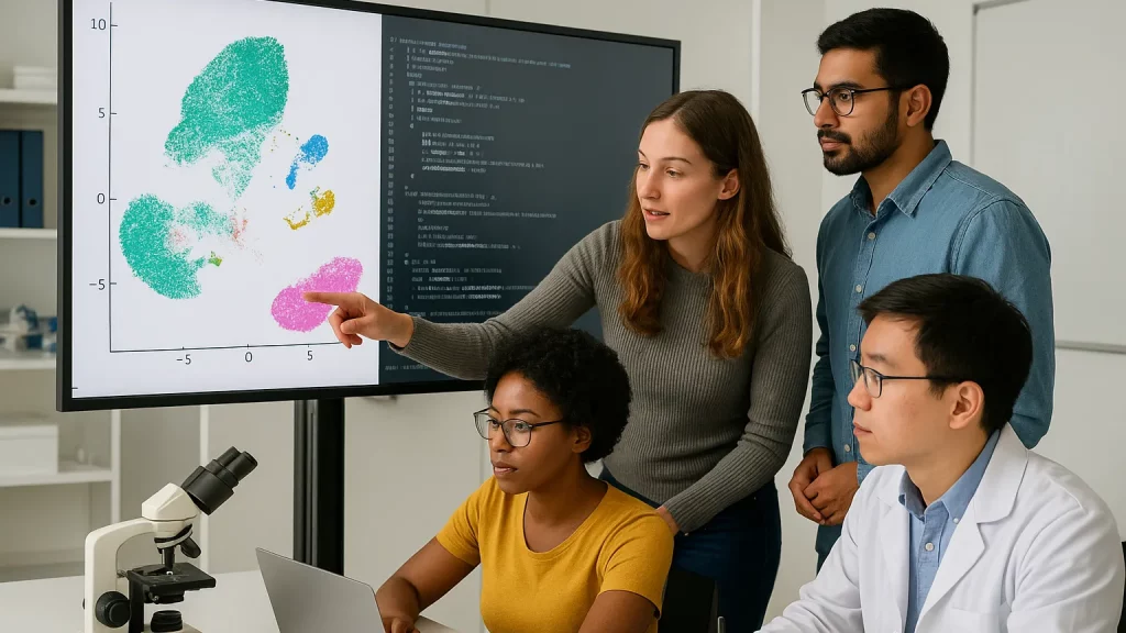 Four researchers in a lab discussing scatter plot data displayed on a screen, with a microscope and computer on the table.