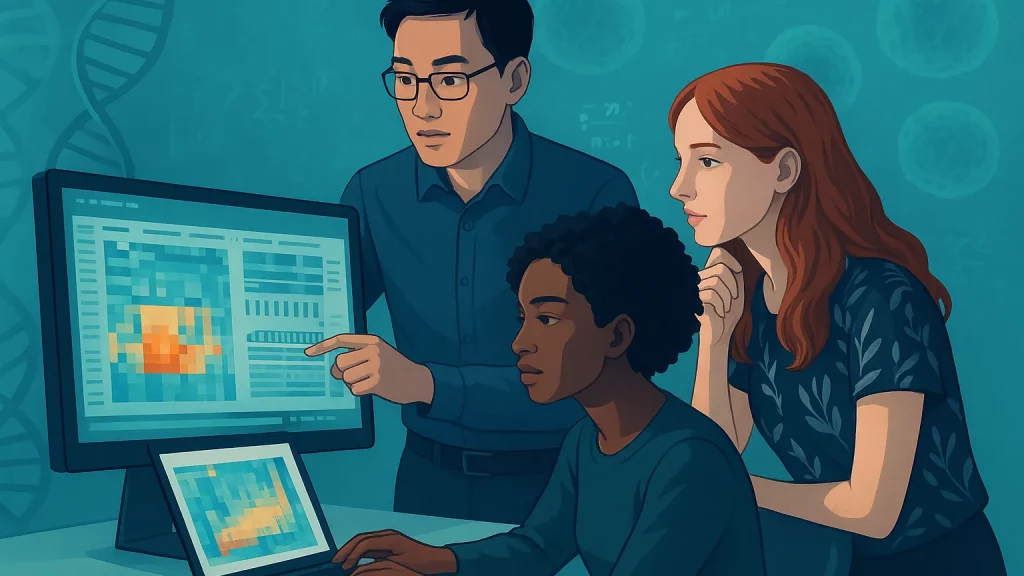Illustration of three individuals examining data visualizations on computer screens, with a DNA helix in the background.