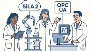 Illustration of three scientists interacting with lab equipment with SiLA 2 and OPC UA labels.