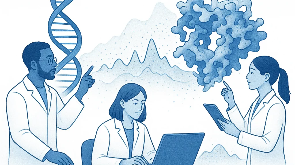 Illustration of three scientists in lab coats, one using a laptop, another pointing at a floating molecular structure, and the third gesturing towards a DNA strand.
