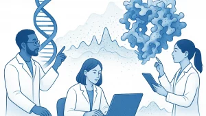 Illustration of three scientists in lab coats, one using a laptop, another pointing at a floating molecular structure, and the third gesturing towards a DNA strand.