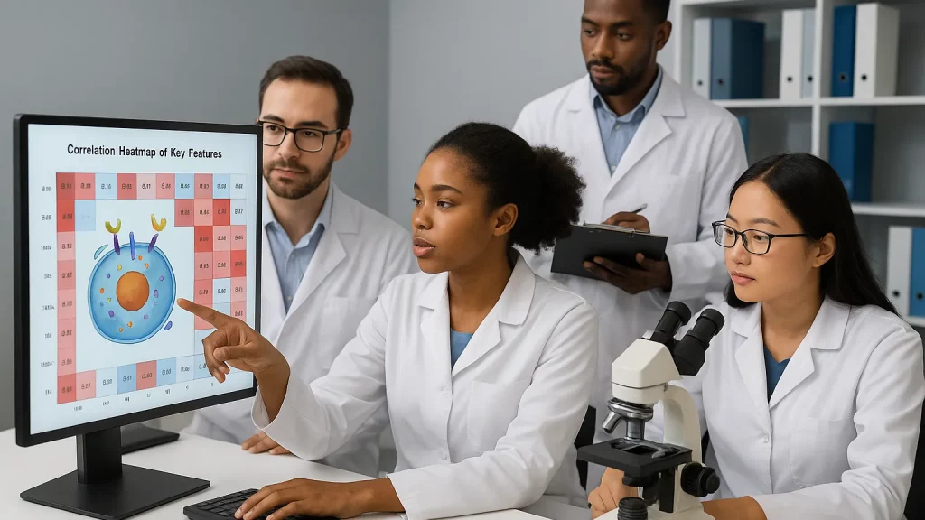 Four scientists in lab coats gathered around a computer screen displaying a correlation heatmap, with a microscope and clipboard in view.