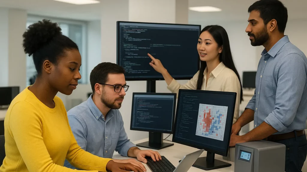 Four people working together at a desk with multiple computer monitors displaying code and data.