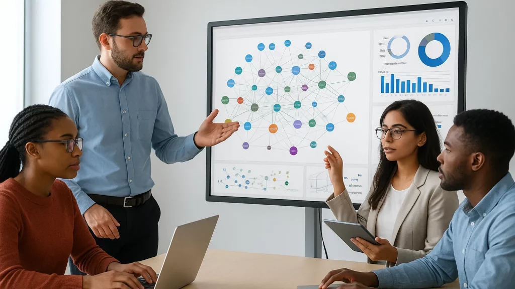 A group of four people in a meeting room with one person standing and pointing at a screen displaying a network diagram and charts, while others sit and use laptops and tablets.