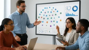 A group of four people in a meeting room with one person standing and pointing at a screen displaying a network diagram and charts, while others sit and use laptops and tablets.