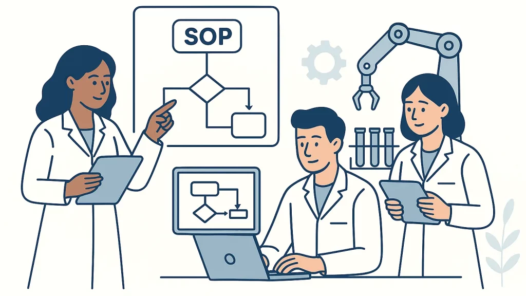 Illustration of scientists in a lab discussing a flowchart on a board labeled 'SOP', with a laptop and robotic arm in the background.