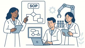 Illustration of scientists in a lab discussing a flowchart on a board labeled 'SOP', with a laptop and robotic arm in the background.