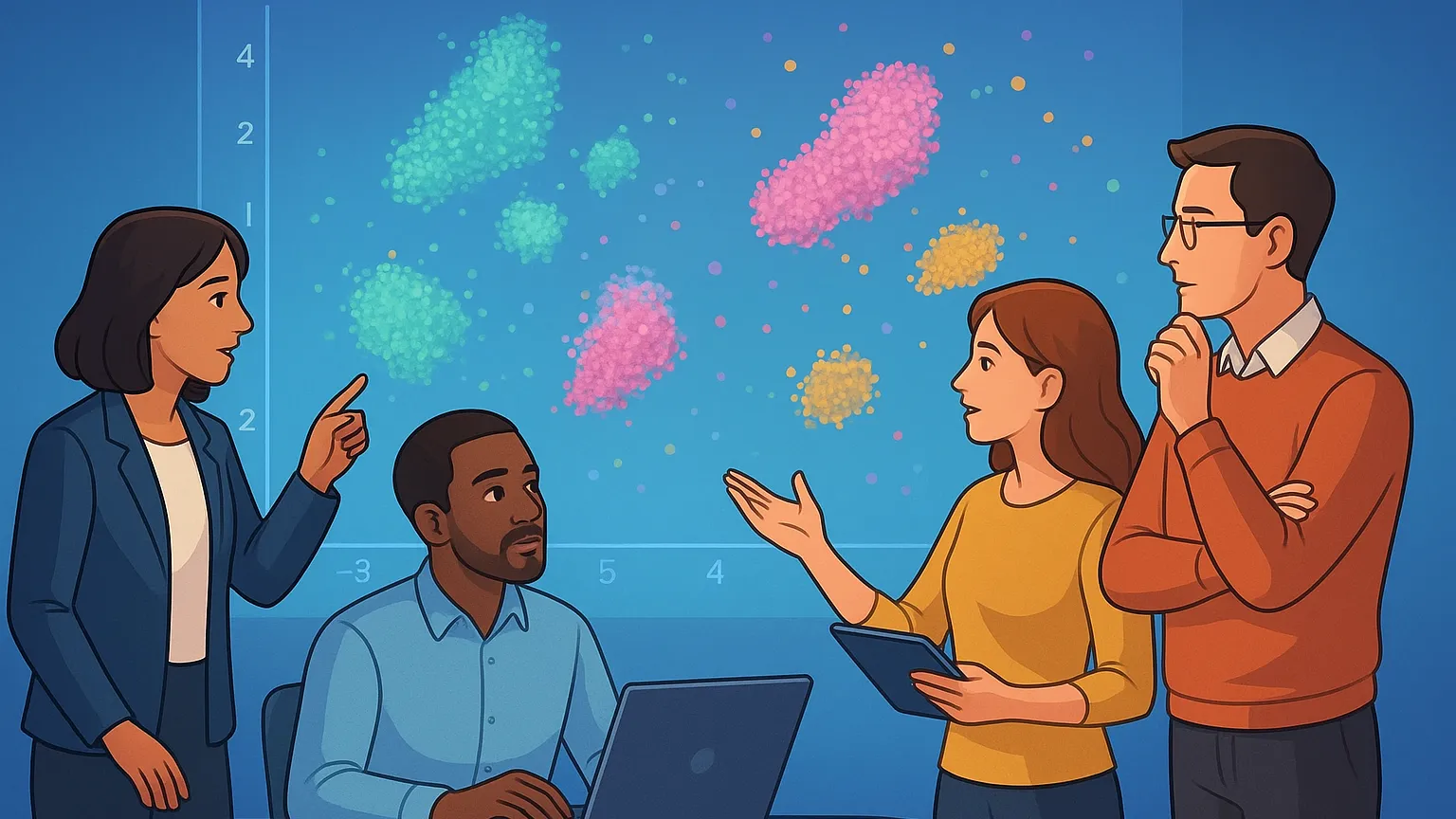 A diverse team of four people discussing in front of a large screen displaying a colorful scatter plot. One person is sitting with a laptop, while two others are standing and gesturing, engaging in a discussion.