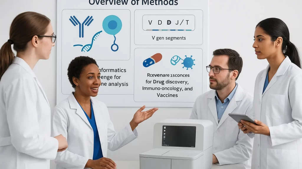 Group of four scientists in lab coats discussing in front of a board displaying research methods, with a computer device on the table.